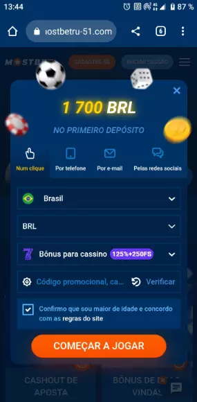 Interface do aplicativo móvel Mostbet